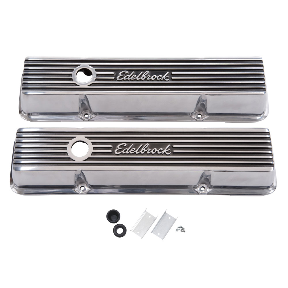 Edelbrock Valve Cover Set 4263; Elite II, Tall, Polished Finned Alum for SBC