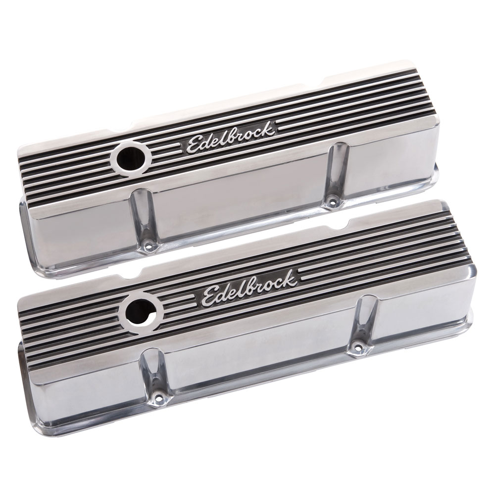 Edelbrock Valve Cover Set 4263; Elite II, Tall, Polished Finned Alum for SBC