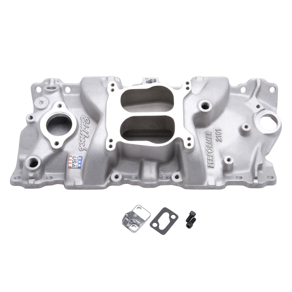 Edelbrock Intake Manifold 2101; Performer Dual Plane Satin Aluminum for SBC